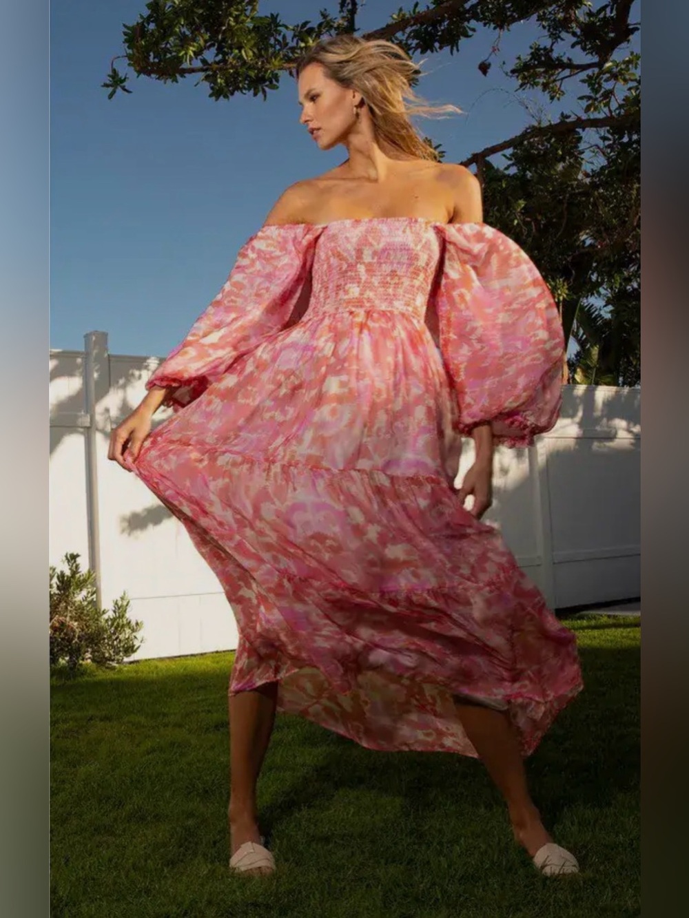 🆕 Hale Bob Pink Silk Maxi Dress XS Smocked Boho Puff Sleeve